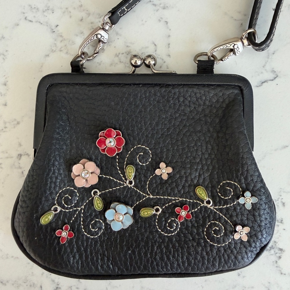 Brighton Black Leather Coin Purse with Floral Accents